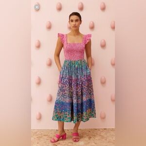 Caroline Constas Smocked Bodice Floral Midi Dress